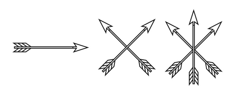 Bow arrow shape set. Crossed arrows heraldry and coat of arms symbol collection. Outline archery sign. Vector illustration image.