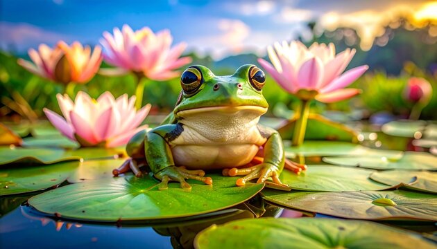 Frog on Lily Pad Surrounded by Pink Water Lilies in Pond.