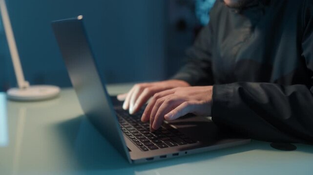 Close Up Detail Hacker Rubbing Hands Together Over Laptop Night