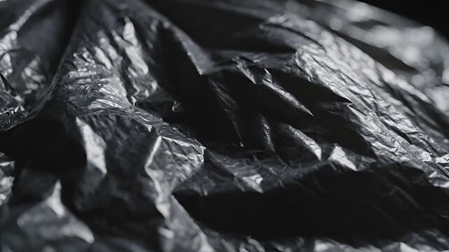 Closeup of crumpled black plastic texture with dramatic lighting.