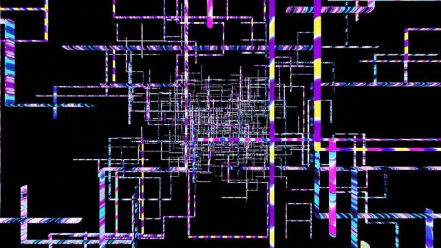 20 seconds seamless looping techno technology glowing electronic lines with camera fly through black background animation screensaver visualizer Hd video