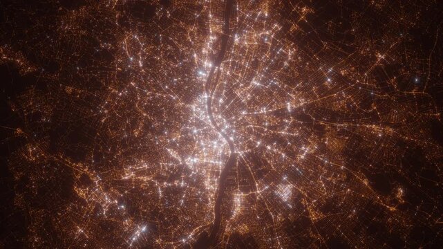 Budapest (Hungary) aerial view at night. Top view on modern city with glow effect. Camera is zooming out, rotating counterclockwise
