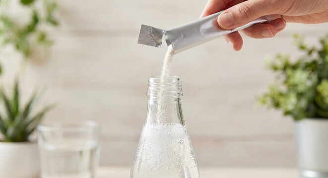 Hand pouring powder supplement into sparkling water bottle