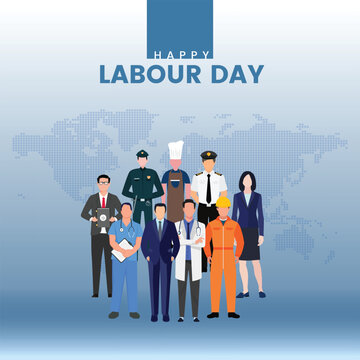 Happy Labour Day poster featuring diverse professionals including doctor, chef, pilot, police, engineer, nurse, and lawyer on a blue world map background.