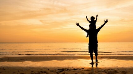 Fototapeta premium Silhouette of a man and child enjoying a joyful moment at sunset beach