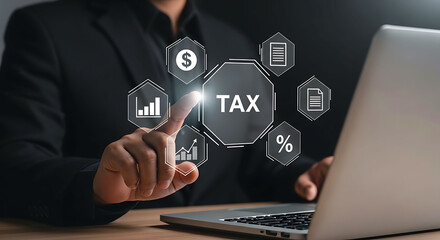 Naklejka premium Business professional analyzing tax data with digital finance interface concept