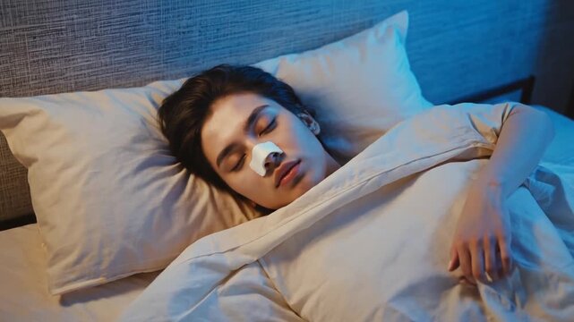 Person sleeping with a nasal strip.