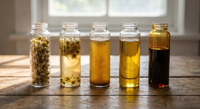 Chamomile floral oil extraction process in glass vials