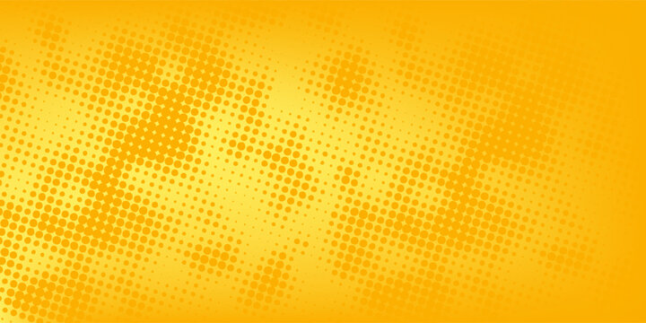 Yellow halftone pattern. Retro comic gradient background. Bright orange pixelated dotted texture overlay. Cartoon pop art faded gradient pattern. Vector backdrop for poster, banner, advertisement