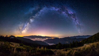 Langit malam dengan galaksi Bima Sakti di atas pegunungan