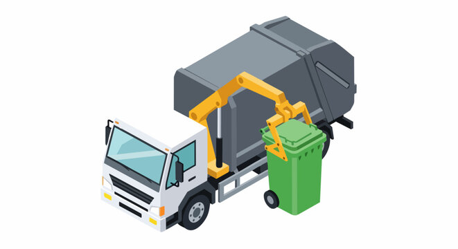 Isometric Garbage Truck with Mechanical Arm Lifting Green Waste Bin Isolated on White