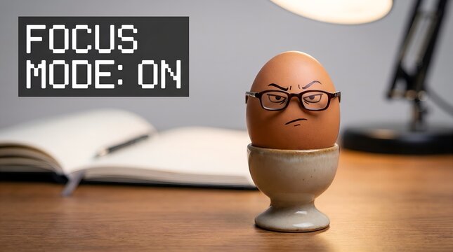 Humorous Egg Character with Glasses and an Angry Expression, Ready for Focused Work in "Focus Mode ON" text graphic