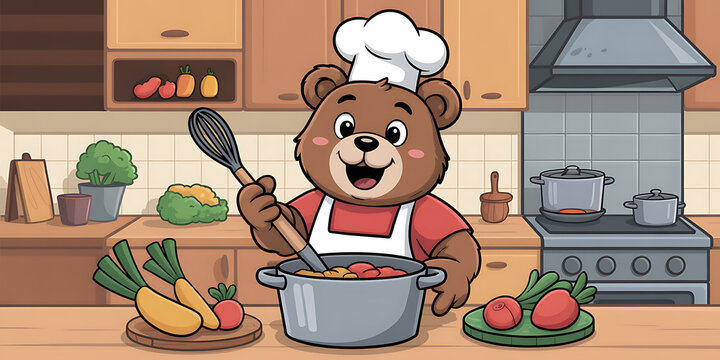 Cute bear chef cooking, kitchen cartoon, culinary illustration, food prep