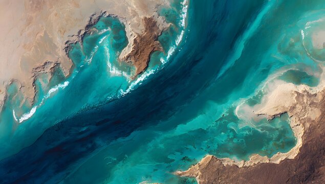 Stunning Aerial View of Turquoise Water and Sandy Coastline from Above.