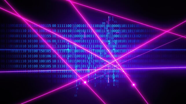 Abstract digital background. Binary code streams with bright pink lines intersecting, creating complex network visuals. Futuristic concept.