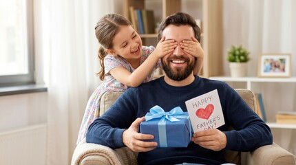 Smiling father receives gift and card from little girl on father's day