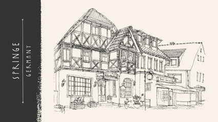 Obraz premium Old Germany sketch postcard. Springe town street, fachwerk timber house, medieval architecture. Vintage hand drawn vector illustration, pencil line art, European village scene, historical landmark bg