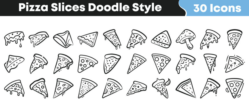 Collection of doodle-style pizza slices in various arrangements and toppings