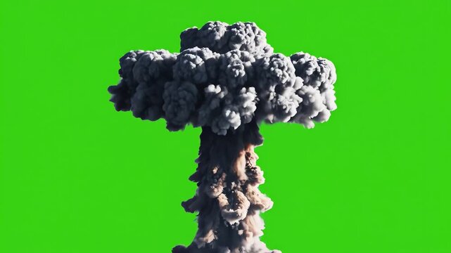 Mushroom cloud explosion green screen, nuclear style blast smoke plume isolated for compositing, cinematic VFX detonation effect with rising column and ash on chroma key background