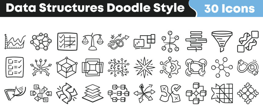 Hand drawn doodle style icons representing various data structures for conceptual design 13 words