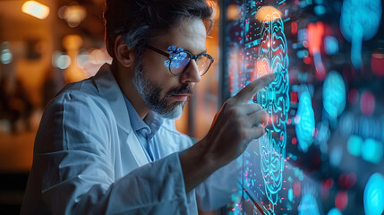 Obraz premium Futuristic Science Illustration with Expert Interacting with Holographic AI Brain Cinematic Digital Art Realistic Glow