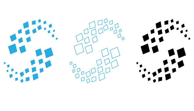 Collection of pixelated square designs in blue and black colors