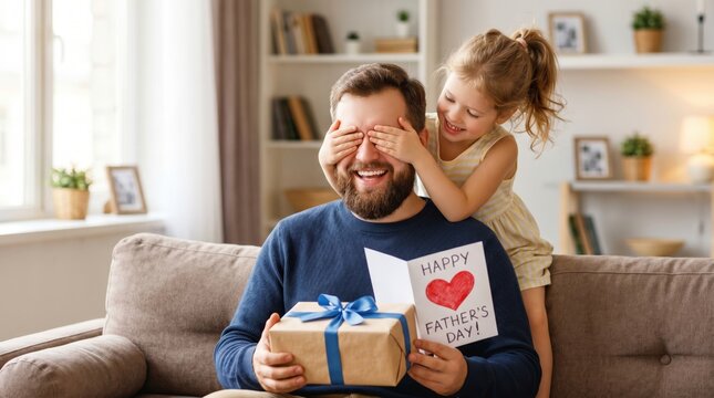 Little girl surprising her smiling father with a gift on father's day at home
