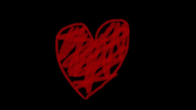 Animated red hand-drawn heart with scribble texture on black background for organic romantic overlays or chalk-style wedding video projects and motion graphics.