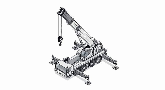 Isometric Mobile Crane Illustration, Heavy Construction Machinery and Engineering Equipment with Telescopic Boom and Hook, Isolated Vector Design