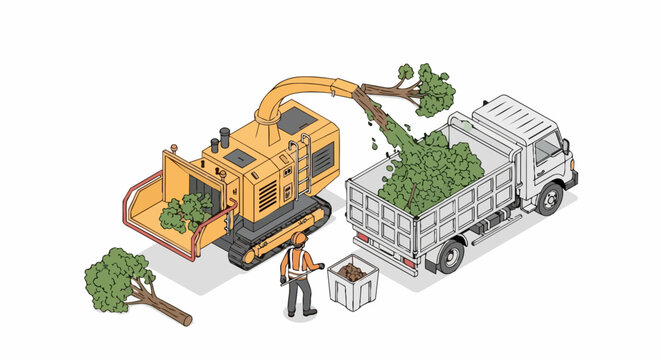 Isometric Industrial Wood Chipper Machine Processing Tree Branches into a Dump Truck, Landscaping and Forestry Equipment Vector Illustration