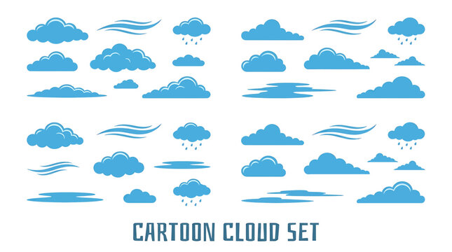 Stylized collection of cartoon cloud graphics, featuring diverse shapes, rain, and wind elements, ideal for playful illustrations and weather-related digital designs