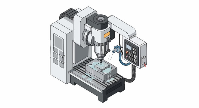 Isometric CNC Milling Machine Vector Illustration - High Precision Industrial Metalworking Equipment for Smart Manufacturing and Automation
