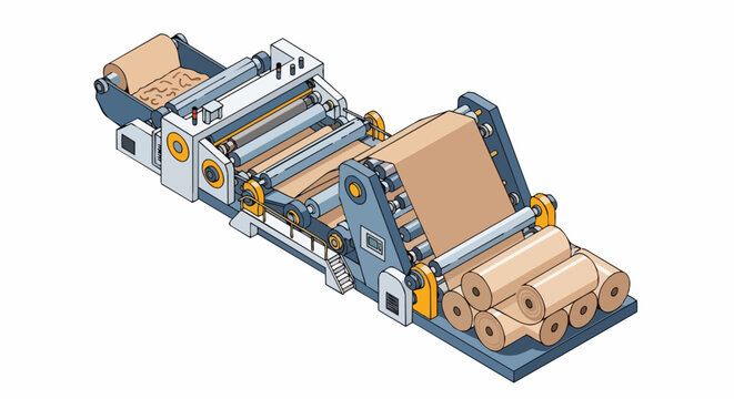 Isometric Industrial Paper Manufacturing Machine Illustration, Paper Mill Factory Production Line for Recycling and Sustainable Packaging