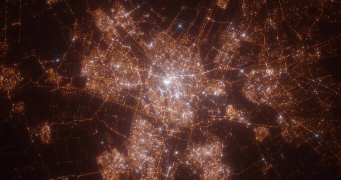 Utrecht (Netherlands) aerial view at night. Top view on modern city with street lights. Camera is zooming out, rotating clockwise