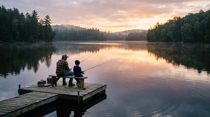 Father and son fishing together on a serene lake dock at sunset