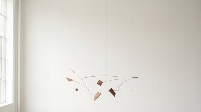 Minimalist wooden hanging mobile sculpture inside a bright white room
