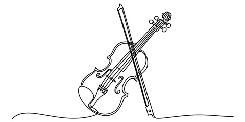 Continuous line drawing of a violin with a bow resting on it, minimalist style Vector, illustration © Nippon_Art Gallery