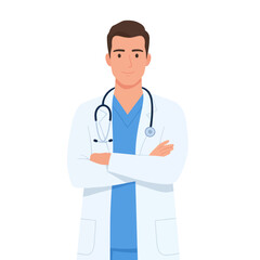 Fototapeta premium Male doctor wearing white lab coat and stethoscope vector illustration