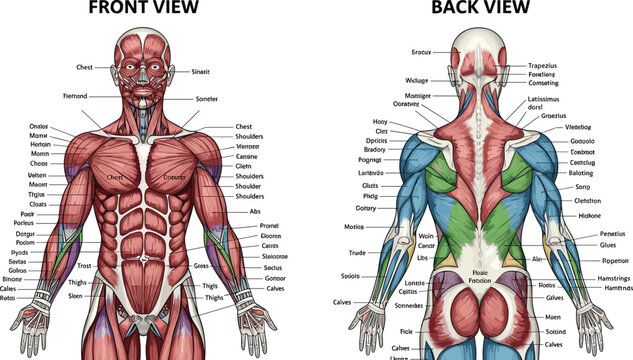 Detailed anatomical illustration showcasing the human muscular system from both front and back perspectives high quality professional detailed modern elegant stylish