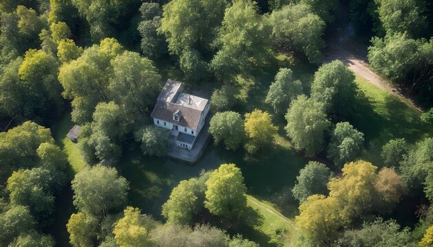 Vista aerea de un caserio rural con un amplio bosque.