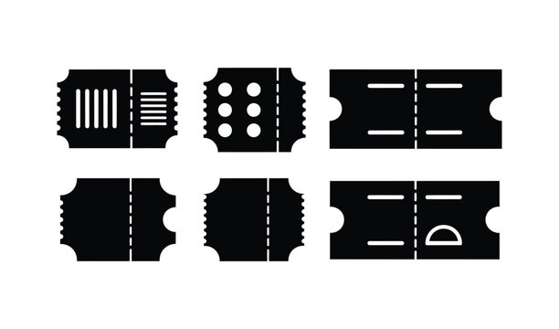 Collection of six black and white ticket stubs with various patterns and perforations, isolated on white background for design use.