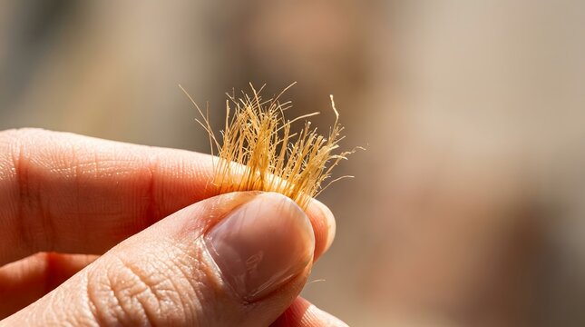 Close up of woman hand holding damaged split ends of blonde hair for hair care treatment inspection