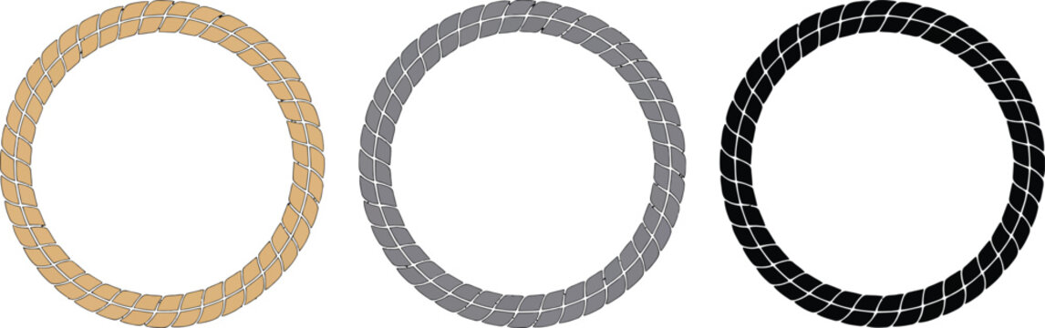 Rope coil icons, rope circle shapes, gold silver black rope textures, vector graphics