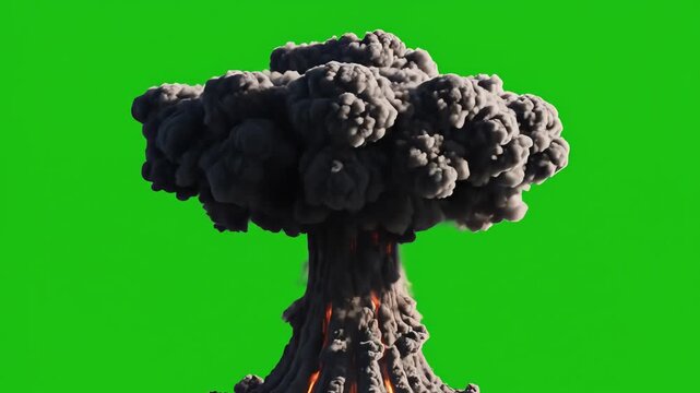 Explosive Nuclear Explosion with Mushroom Cloud Rising Against Bright Green Screen