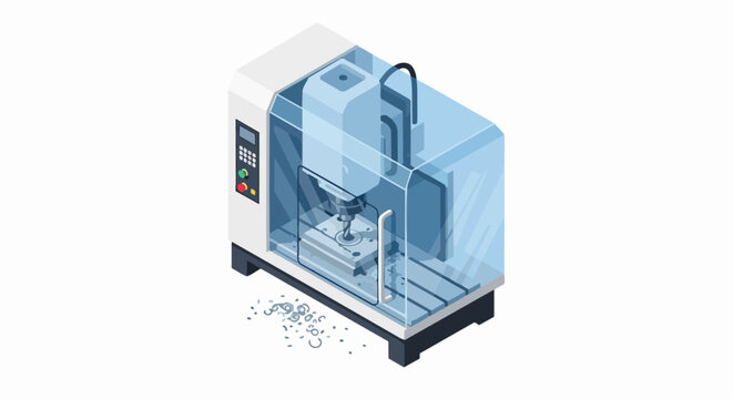 Isometric CNC Milling Machine Vector Illustration - Industrial Automated Manufacturing and Metalworking Drill Press Equipment for Factory Production