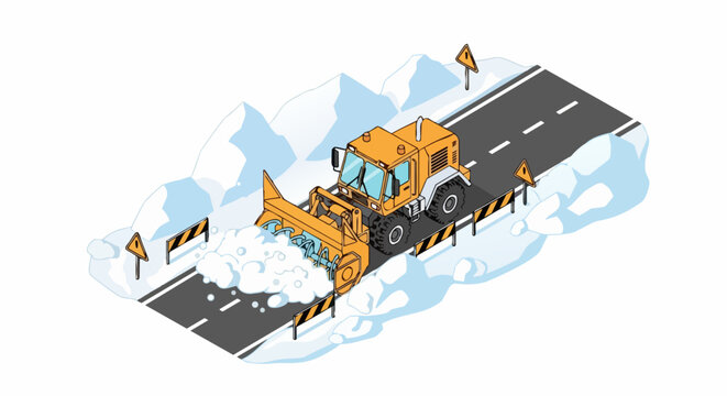 Isometric Orange Snow Blower Truck Clearing Snow from Mountain Road Vector Illustration