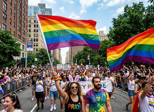 People marching with rainbow flags during pride parade on city street sunny day.