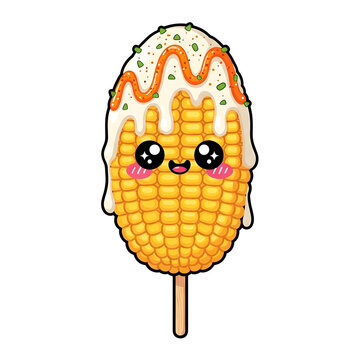 Cute kawaii elote sticker character with cream cheese sauce and chili on corn on cob stick.