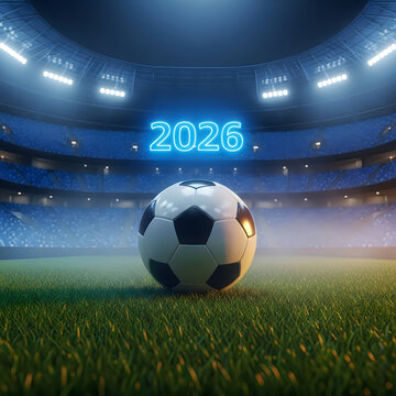 Soccer ball on stadium field with 2026 digital display under dramatic lighting