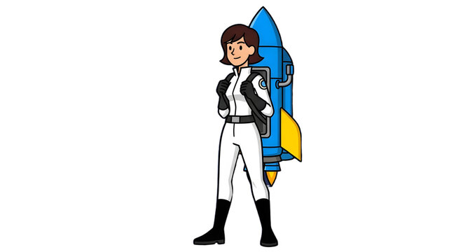 A cartoon illustration depicts a young woman in a white spacesuit with a blue rocket pack strapped to her back high quality professional detailed modern elegant